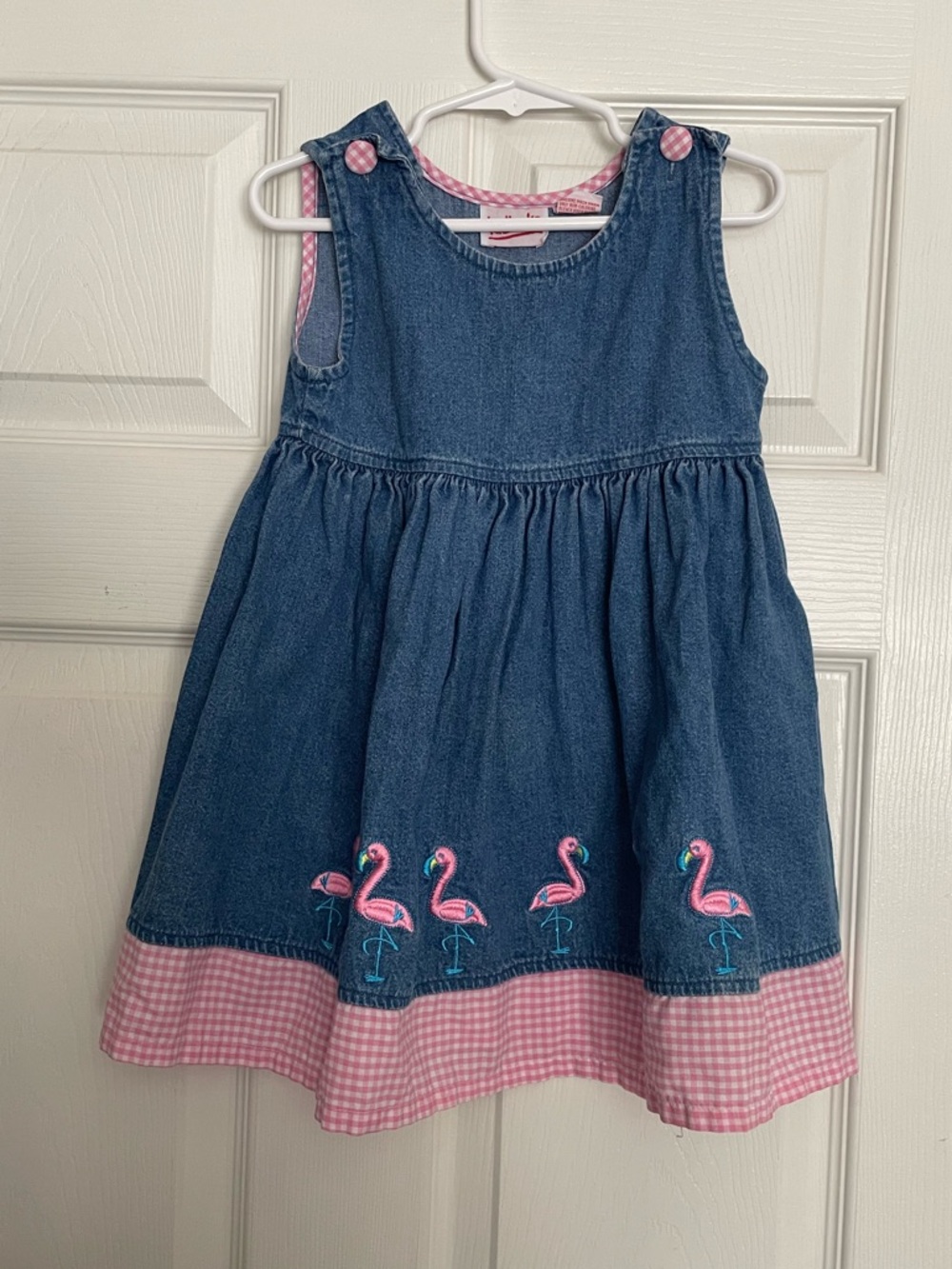 Kid Looks Size 2T Denim Flamingo Embroidered Girls' Dress - Pink Checkered Trim